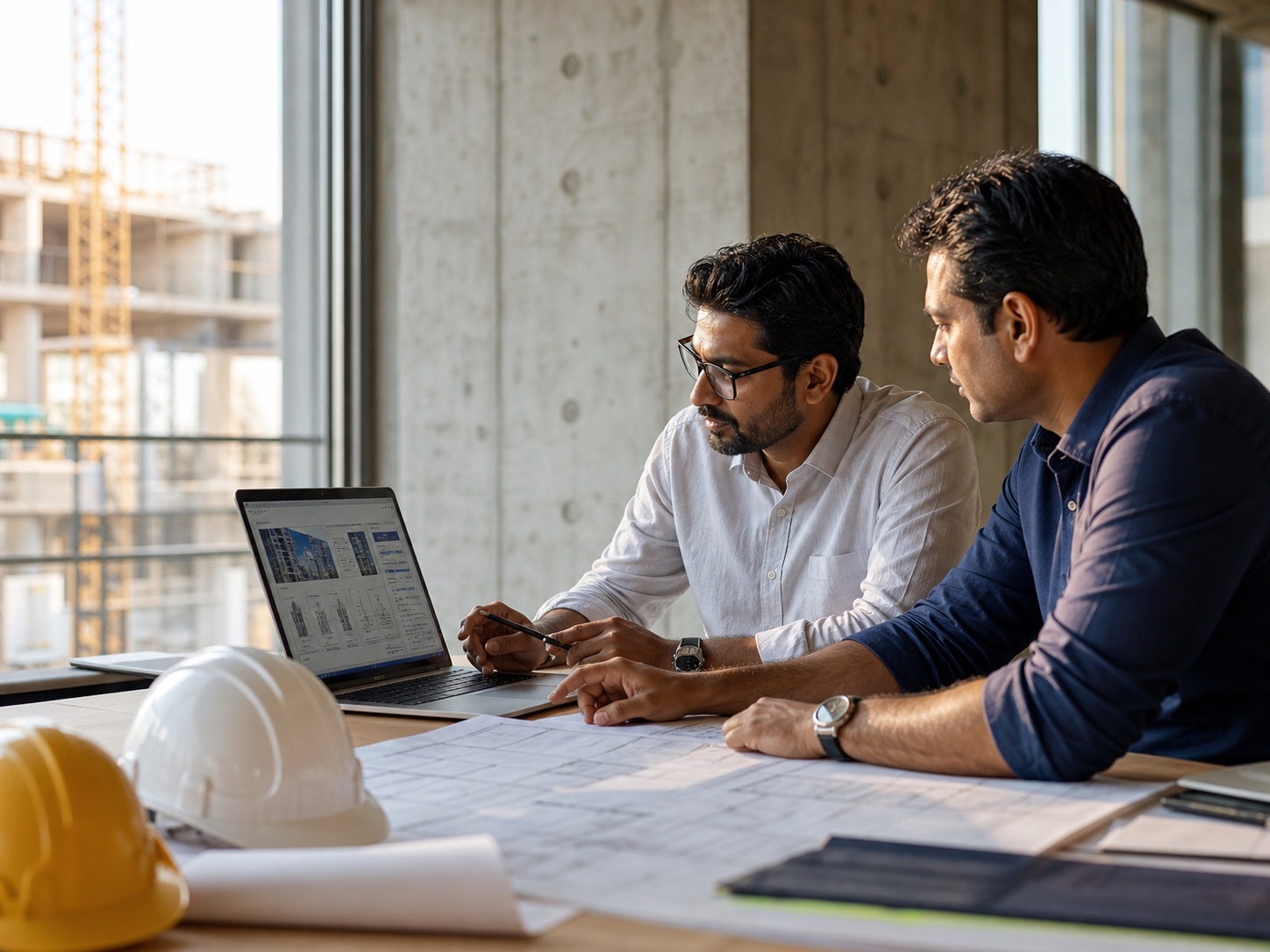 Construction professionals reviewing project plans in a site office