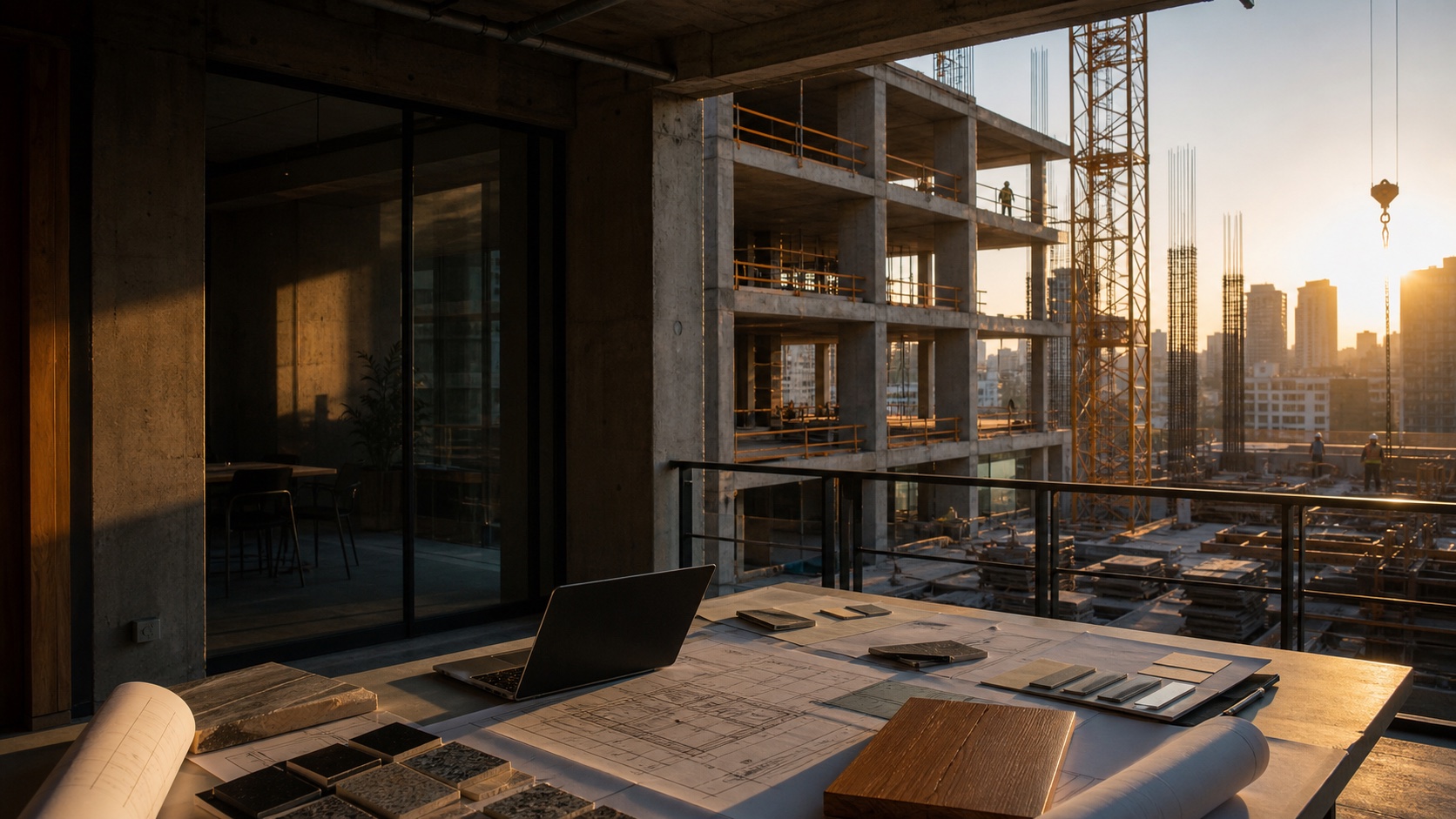 Construction project office overlooking an active high-rise site at golden hour