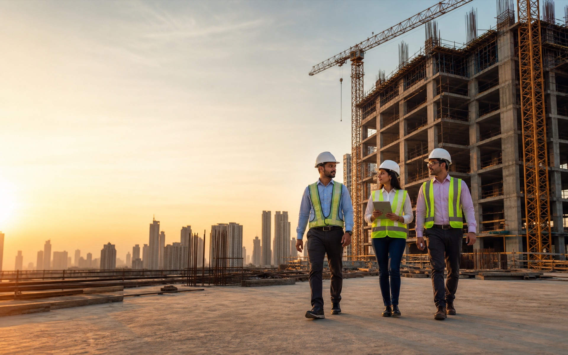 Construction team walking through an active high-rise project site