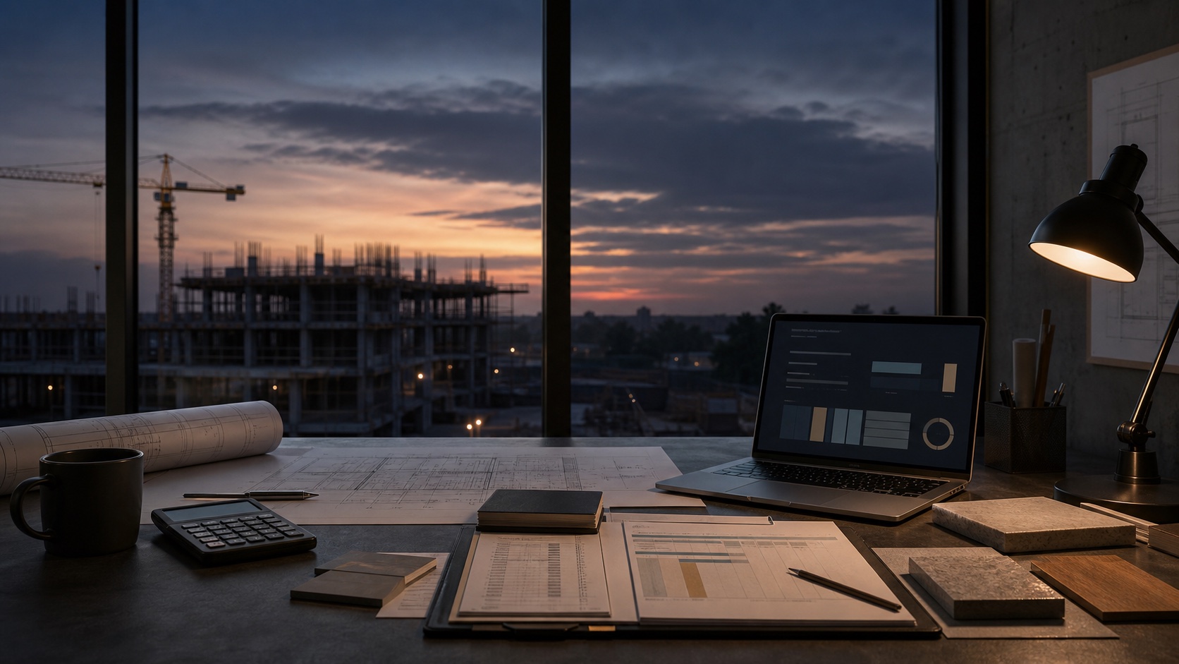 Construction project planning and financial controls workspace at dusk