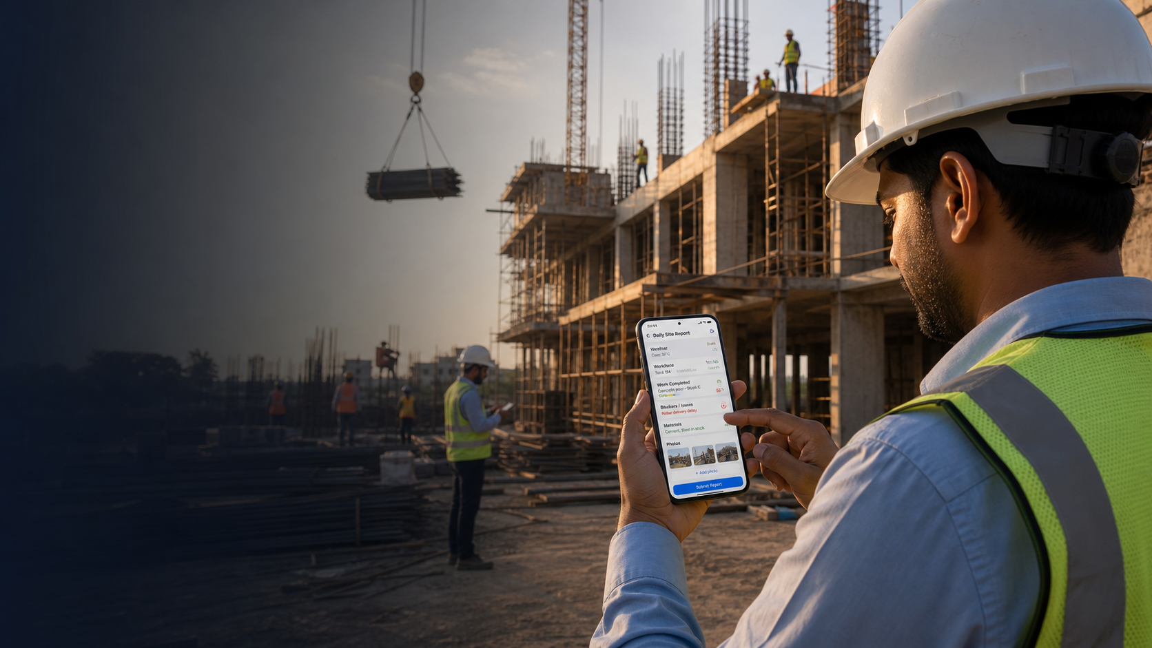 Construction site engineer completing a VaasthuSuite Mobile daily site report on an iPhone