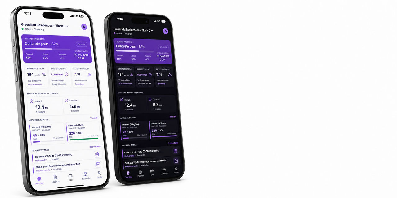 VaasthuSuite Mobile light and dark dashboards shown in iPhone devices