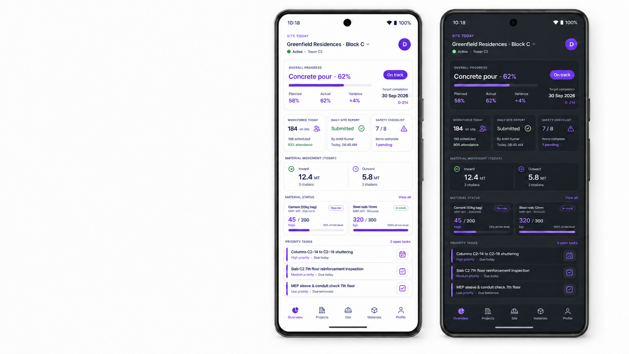 VaasthuSuite Mobile light and dark mode site dashboards shown on mobile devices