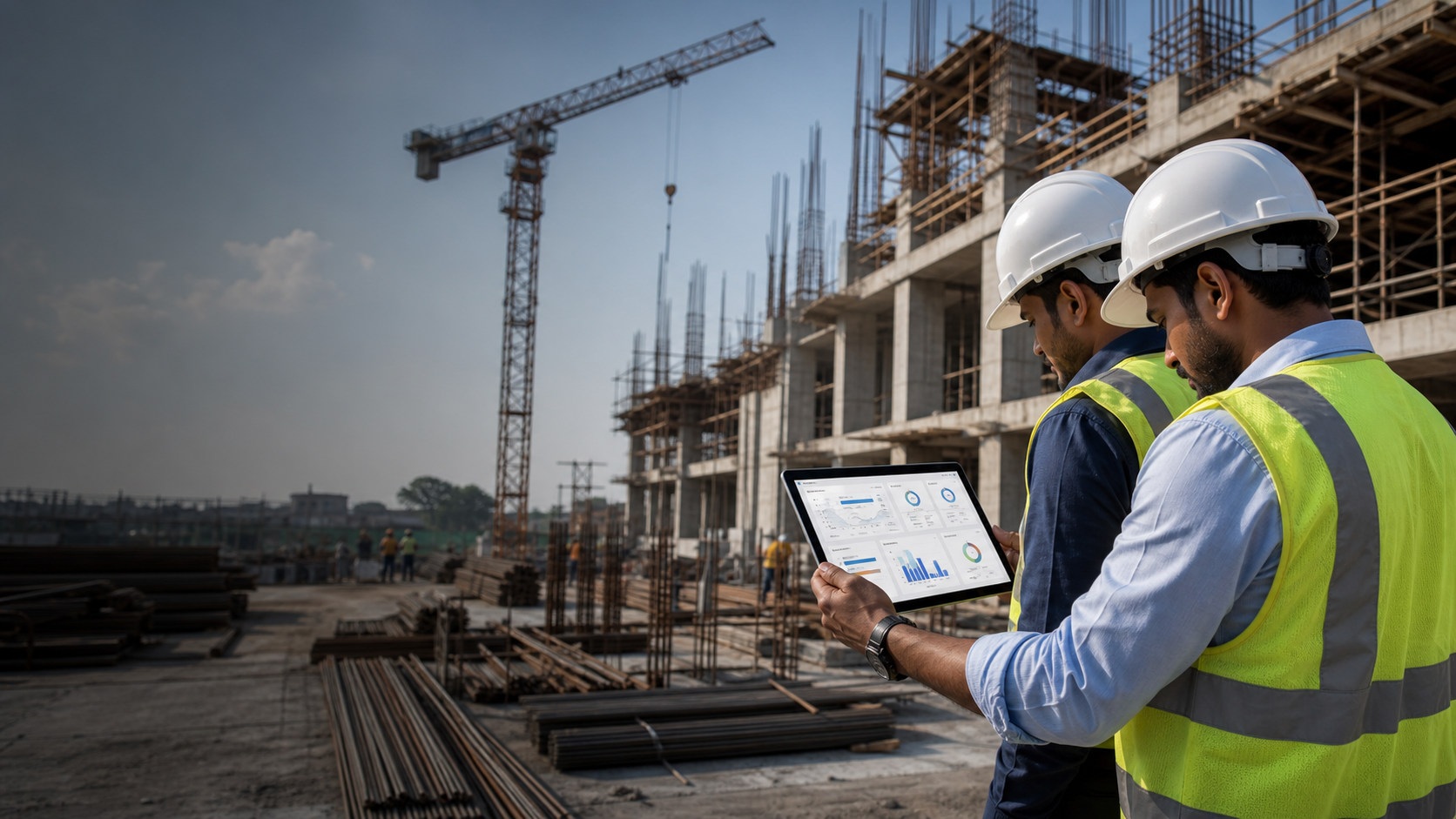 Construction engineers reviewing VaasthuSuite site execution data on an active project